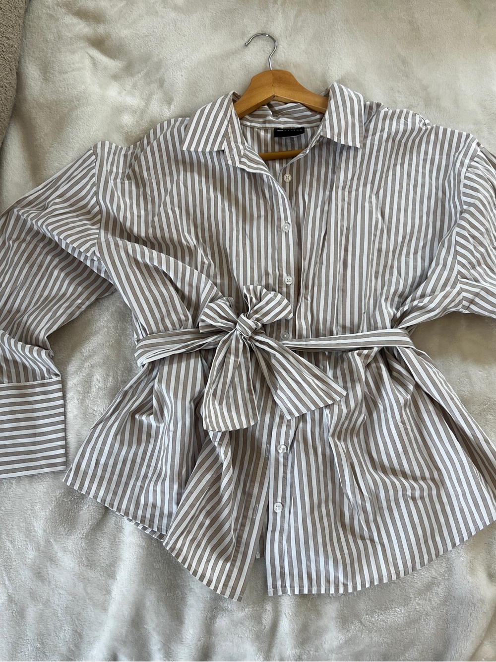 Striped Tie-Waist Button-Up Blouse in Taupe and White